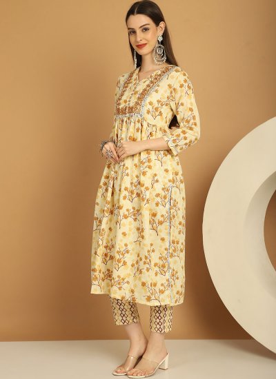 Enthralling Cotton Yellow Trendy Salwar Suit