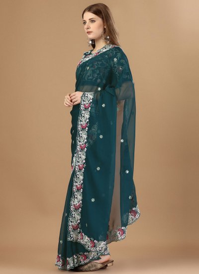 Especial Embroidered Teal Trendy Saree