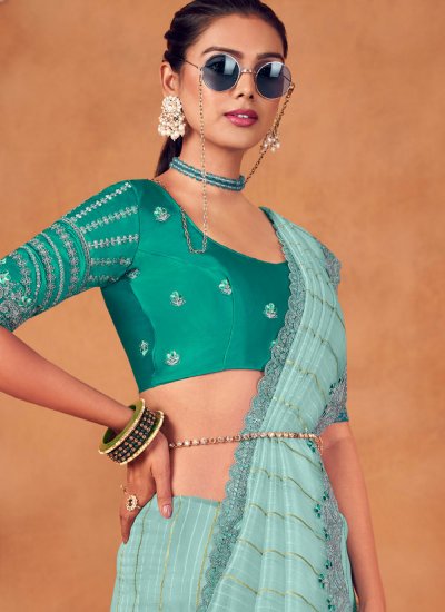 Exceptional Organza Sequins Turquoise Trendy Saree