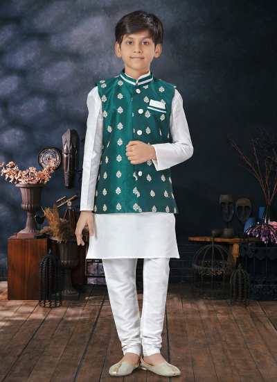 Exquisite Jacquard Green and Off White Thread Work Kurta Payjama With Jacket