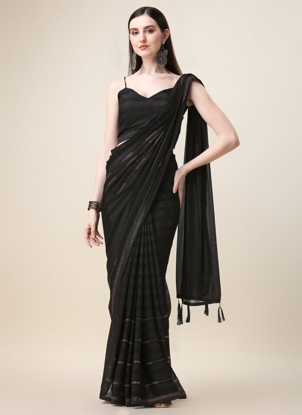 Staggering Net Black Stone Work Trendy Saree