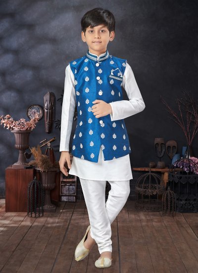 Fascinating Dupion Silk Blue and Off White Kurta Payjama With Jacket