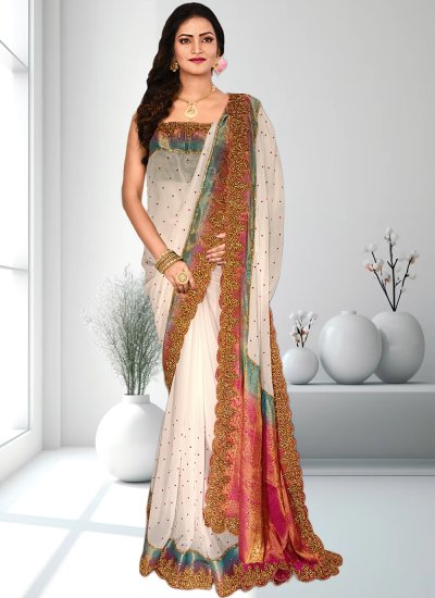 Fashionable Off White Embroidered Georgette Saree