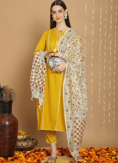 Fashionable Yellow Plain Rayon Readymade Salwar Kameez