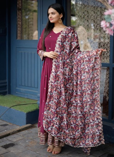 Faux Georgette Embroidered Wine Readymade Gown