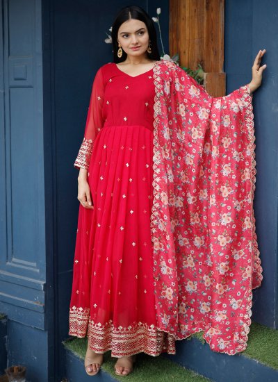 Faux Georgette Red Trendy Gown