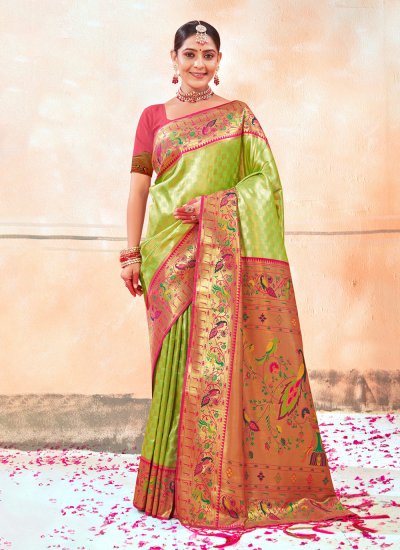 Festal Printed Green Silk Traditional Saree