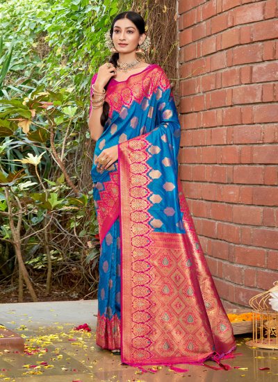 Fetching Banarasi Silk Blue Traditional Designer Saree