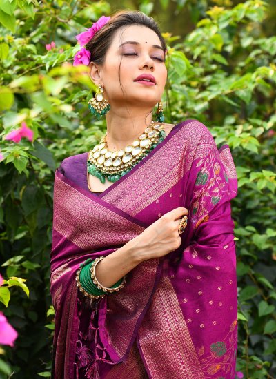 Fine Tussar Silk Meenakari Purple Trendy Saree