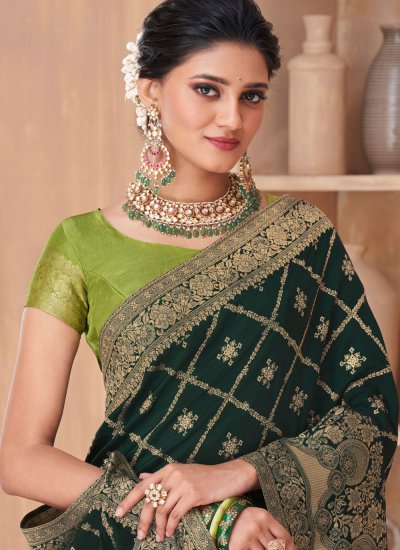 Flattering Green Resham Thread Work Art Silk Classic Designer Saree