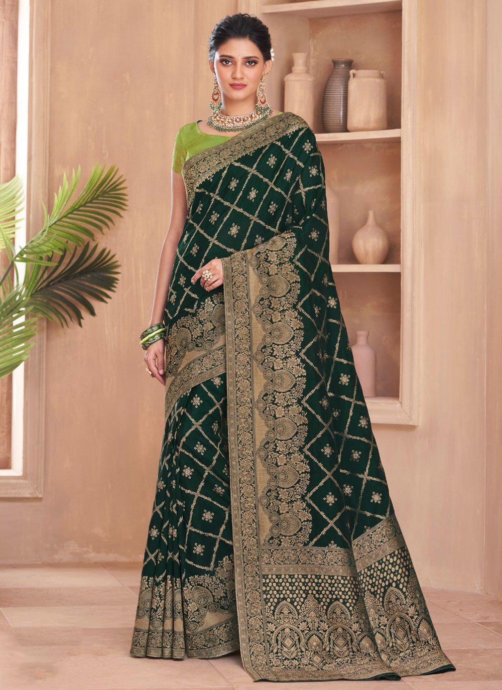 Eid outfits- Buy Dark Green Embroidered Silk Saree