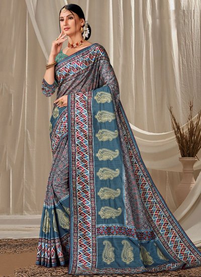Floral Art Silk Print Blue Trendy Saree
