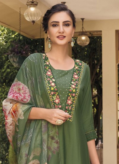 Floral Print Muslin Salwar Kameez in Green