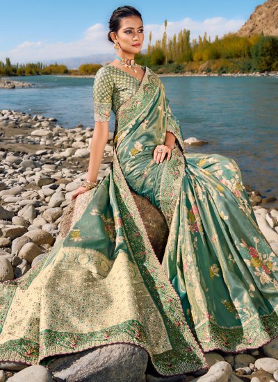 Genius Sea Green Moti Banarasi Silk Trendy Saree