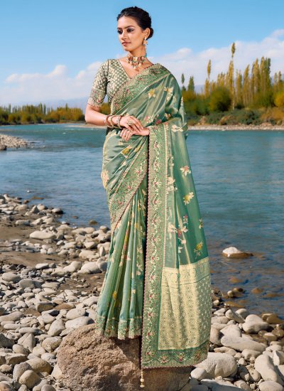 Genius Sea Green Moti Banarasi Silk Trendy Saree