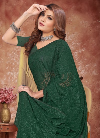 Georgette Embroidered Green Contemporary Style Saree
