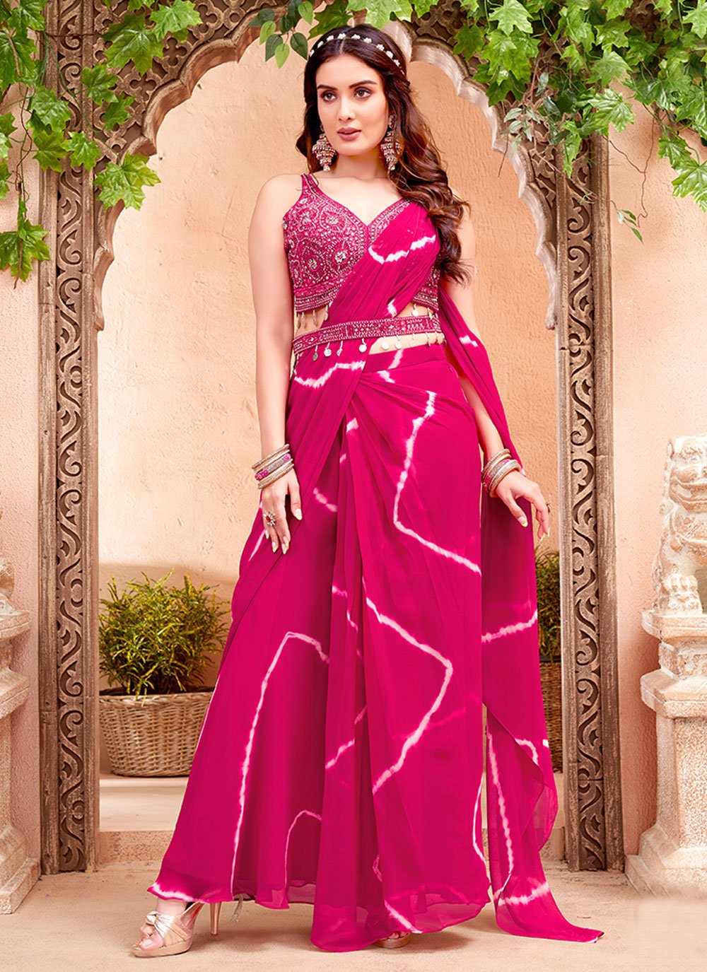 georgette pink embroidered lehenga saree 250863