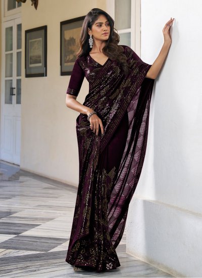 Georgette Purple Sequins Designer Traditional Saree