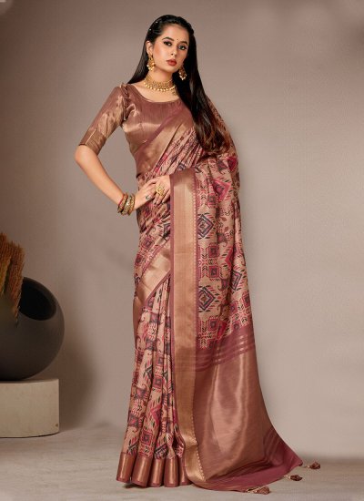 Girlish Digital Print Bhagalpuri Silk Brown Classic Saree