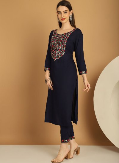 Glossy Embroidered Navy Blue Rayon Readymade Designer Salwar Suit