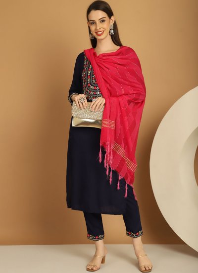 Glossy Embroidered Navy Blue Rayon Readymade Designer Salwar Suit