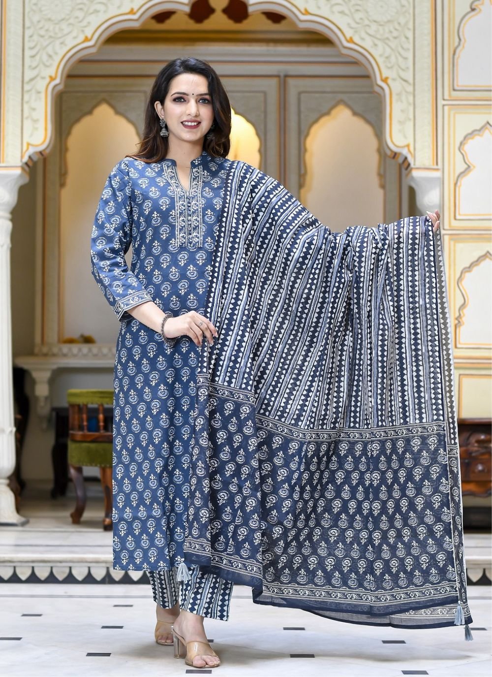 Miraan Cotton Printed Readymade Salwar Suit For Women (MIRAANSAN1414S, S,  Blue) : Amazon.in: Fashion