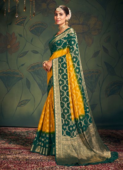 Green and Mustard Pure Georgette Saree