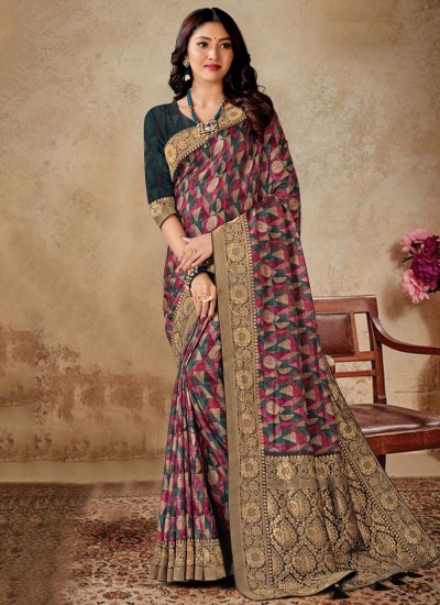 Green and Pink Color Contemporary Style Saree