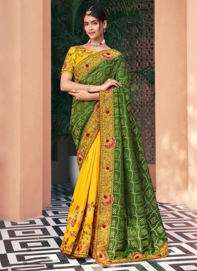 Green and Yellow Color Contemporary Saree