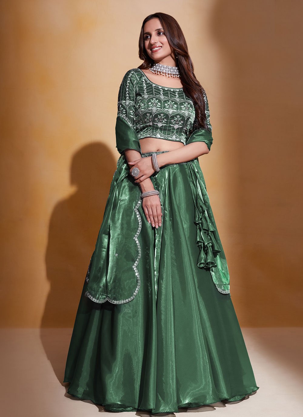 Bottle Green Velvet Mehndi Lehenga Set With Floral Hand Embroidery –  Khushboo Baheti