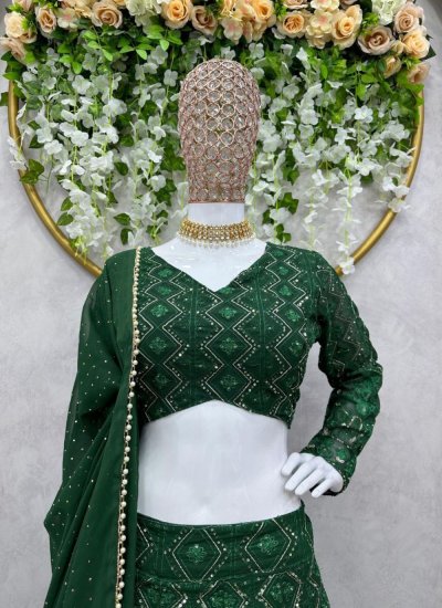 Green Embroidered Faux Georgette Lehenga Choli