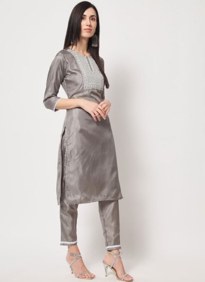 Grey Casual Silk Readymade Salwar Kameez