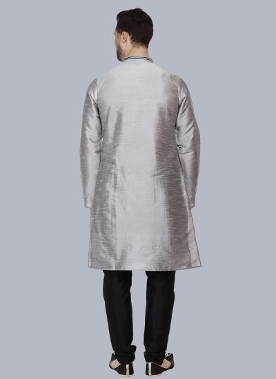 Grey Embroidered Dupion Silk Kurta Pyjama