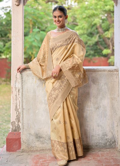 Handloom silk Woven Cream Trendy Saree