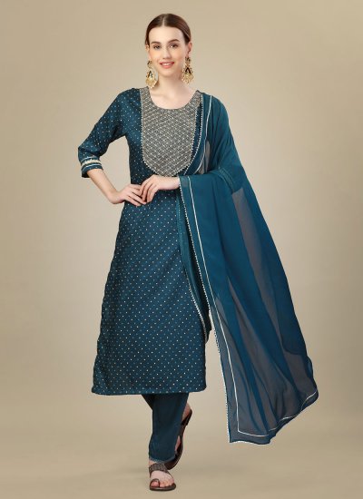 Ideal Teal Sequins Silk Blend Readymade Salwar Suit