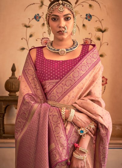 Imposing Peach Weaving Banarasi Silk Contemporary Style Saree