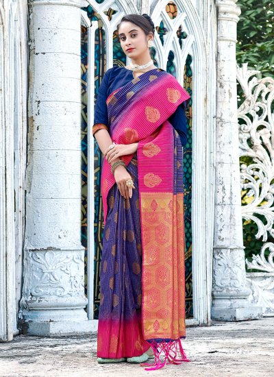 Innovative Weaving Banarasi Silk Blue Traditional Designer Saree