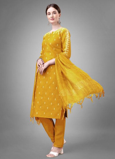 Intricate Mustard Embroidered Cotton Pant Style Suit