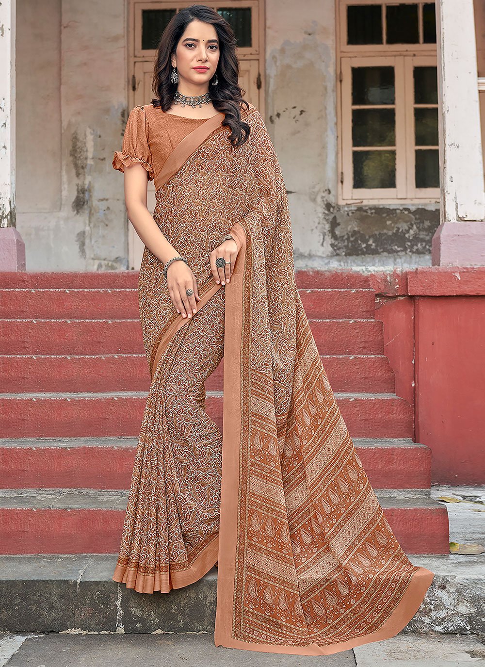 Double Shaded Brown Swarovski Work Silk Saree With Blouse – tapee.in