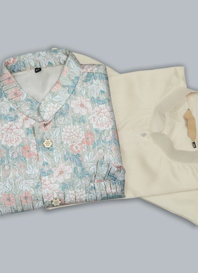 Kurta Payjama With Jacket Thread Work Cotton Silk in Multi Colour and Off White