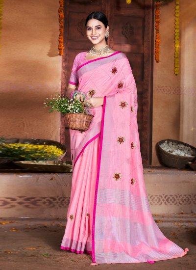 Linen Traditional Designer Saree in Pink