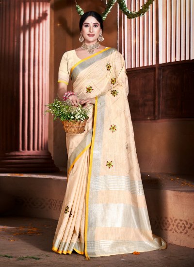 Lovable Resham Thread Work Linen Cream Traditional Designer Saree