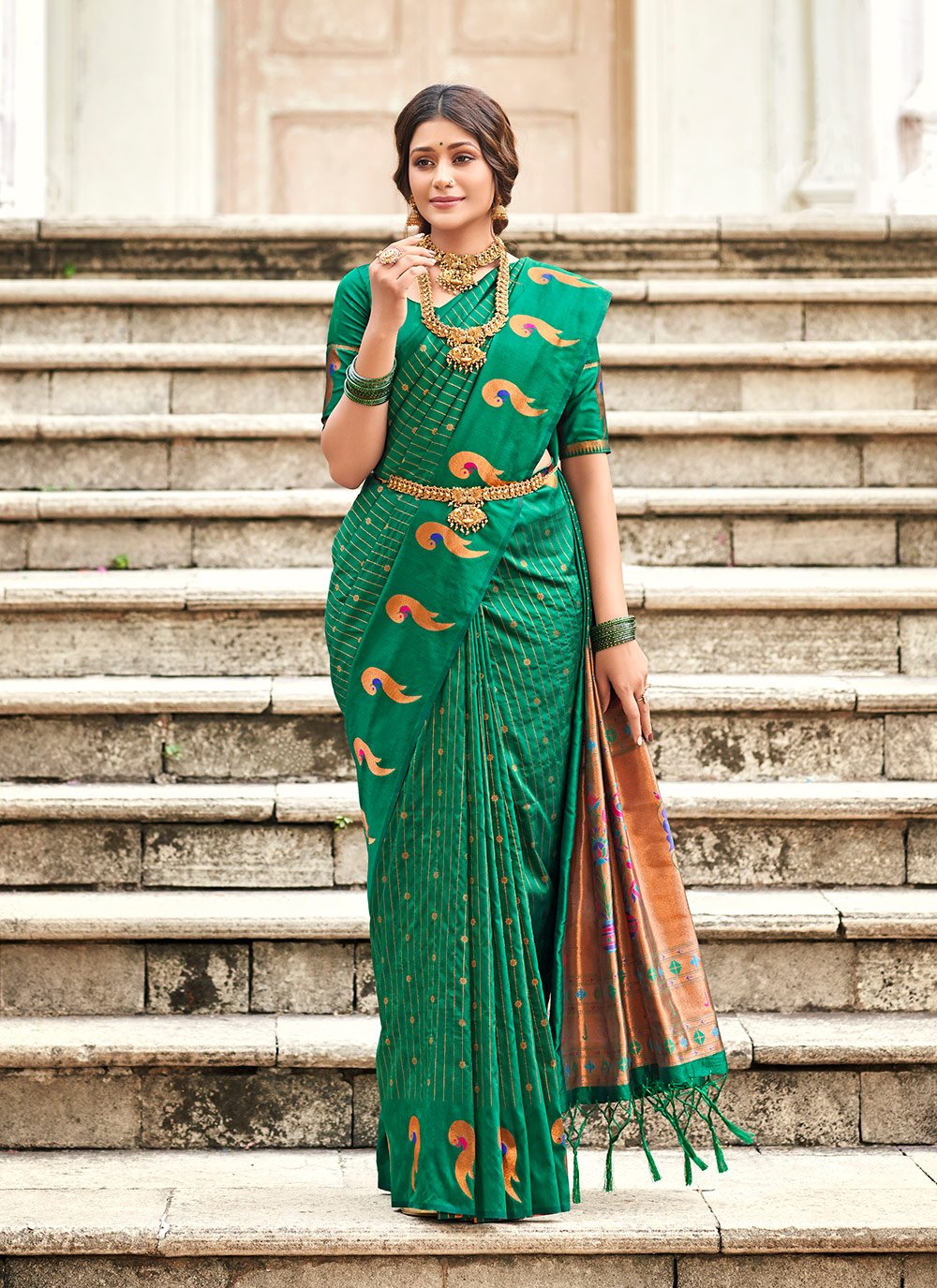 Majestic Silk Weaving Green Traditional Designer Saree