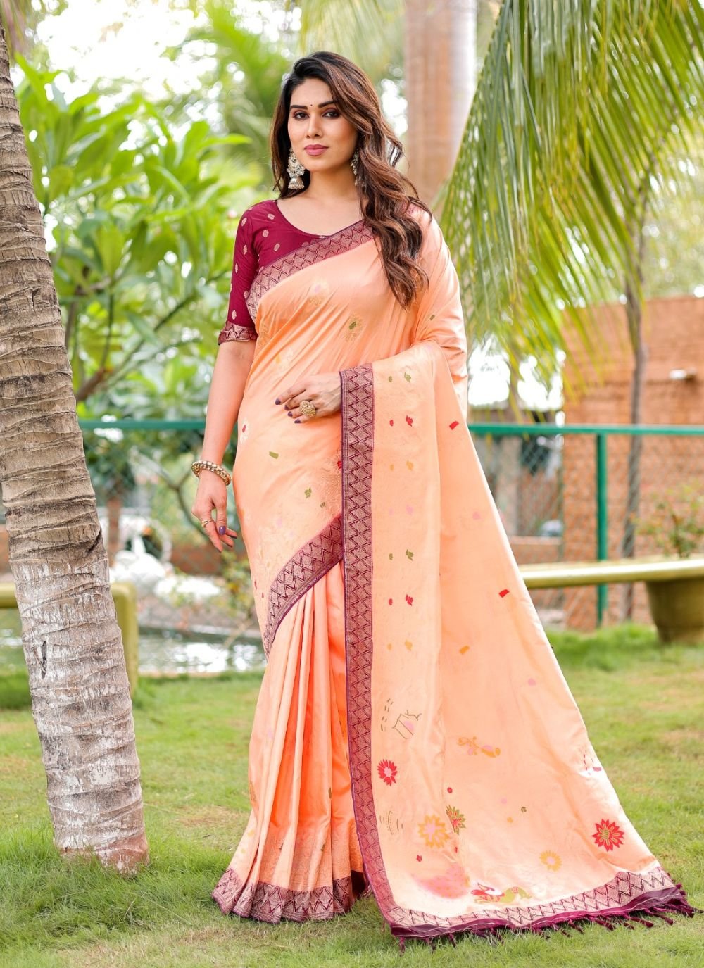 Peach Net Embroidered Designer Saree Party Wear - Hijab Online