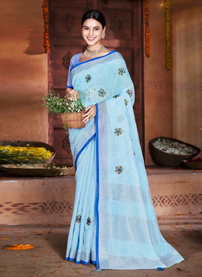 Monumental Linen Resham Thread Work Traditional Designer Saree
