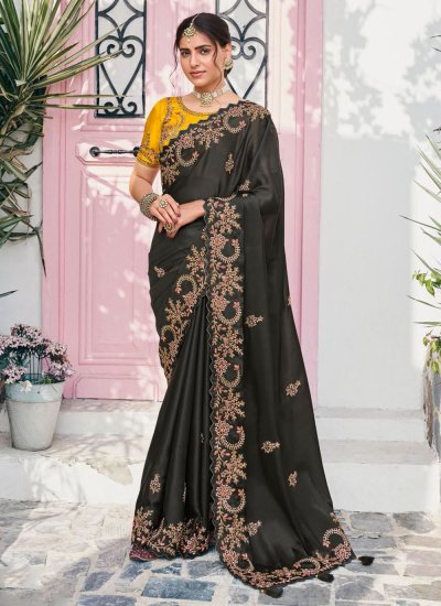 Monumental Satin Silk Black Embroidered Trendy Saree