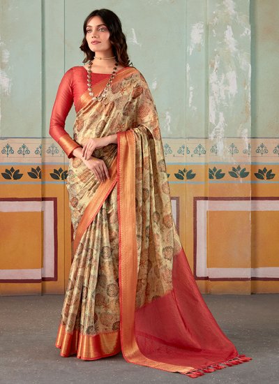 Multi Colour Handloom silk Floral Print Contemporary Saree
