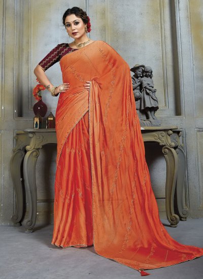 Mystic Orange Thread Work Classic Saree