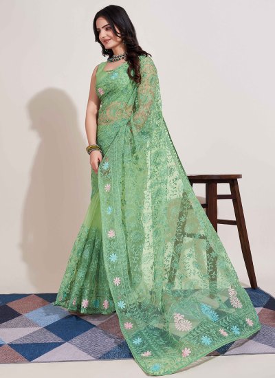 Net Embroidered Contemporary Saree in Sea Green