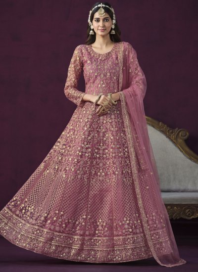 Net Pink Embroidered Anarkali Salwar Kameez